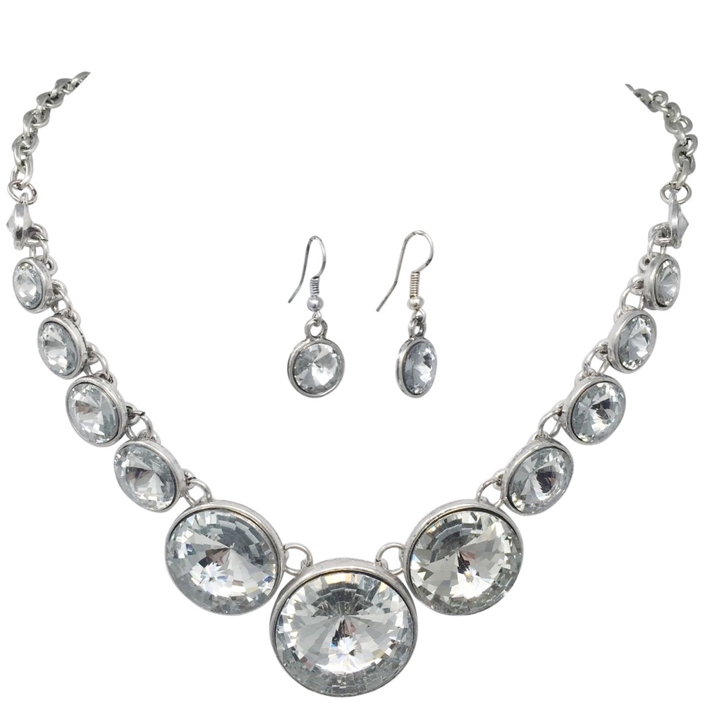 Clear Rhinestone Large Necklace Earrings Set
